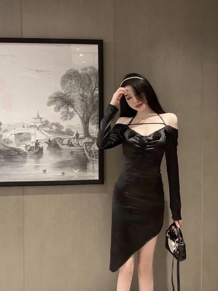 High End Special Women Halter Straps Off Shoulder High Waist Side Slit Irregular Meeting Party Dinner Dress