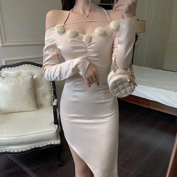 High End Special Women Halter Straps Off Shoulder High Waist Side Slit Irregular Meeting Party Dinner Dress