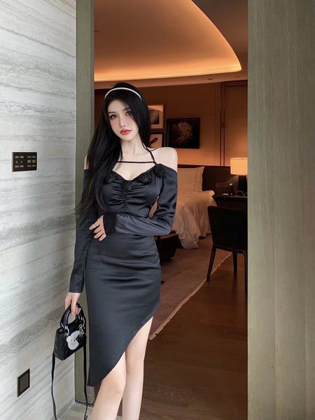 High End Special Women Halter Straps Off Shoulder High Waist Side Slit Irregular Meeting Party Dinner Dress