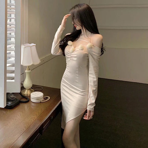 High End Special Women Halter Straps Off Shoulder High Waist Side Slit Irregular Meeting Party Dinner Dress