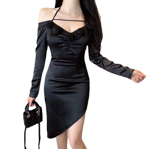 High End Special Women Halter Straps Off Shoulder High Waist Side Slit Irregular Meeting Party Dinner Dress