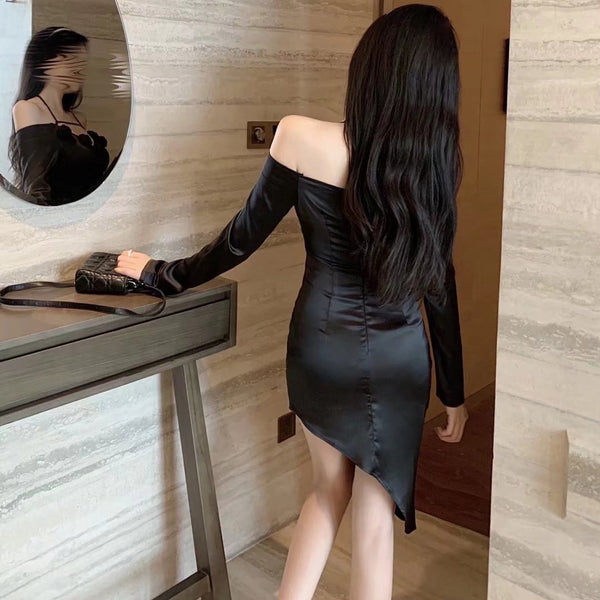 High End Special Women Halter Straps Off Shoulder High Waist Side Slit Irregular Meeting Party Dinner Dress