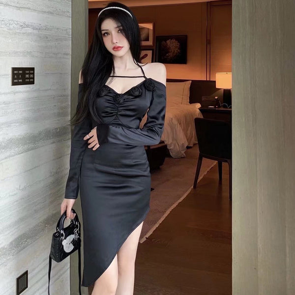 High End Special Women Halter Straps Off Shoulder High Waist Side Slit Irregular Meeting Party Dinner Dress