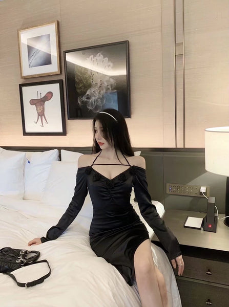 High End Special Women Halter Straps Off Shoulder High Waist Side Slit Irregular Meeting Party Dinner Dress