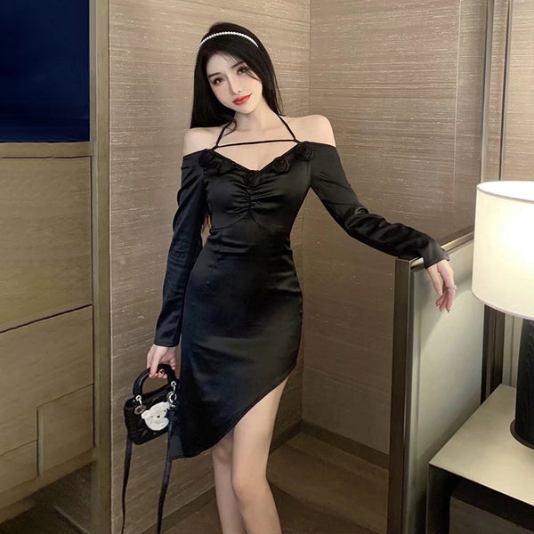 High End Special Women Halter Straps Off Shoulder High Waist Side Slit Irregular Meeting Party Dinner Dress