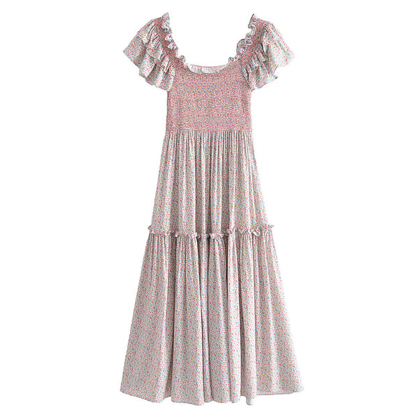 Chic Sweet Women Retro Vintage Ruffle Short Sleeves Round Neck Small Floral Cute Printed Elastic Large Swing Dress