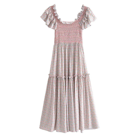 Chic Sweet Women Retro Vintage Ruffle Short Sleeves Round Neck Small Floral Cute Printed Elastic Large Swing Dress