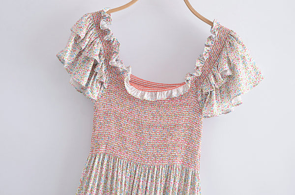 Chic Sweet Women Retro Vintage Ruffle Short Sleeves Round Neck Small Floral Cute Printed Elastic Large Swing Dress