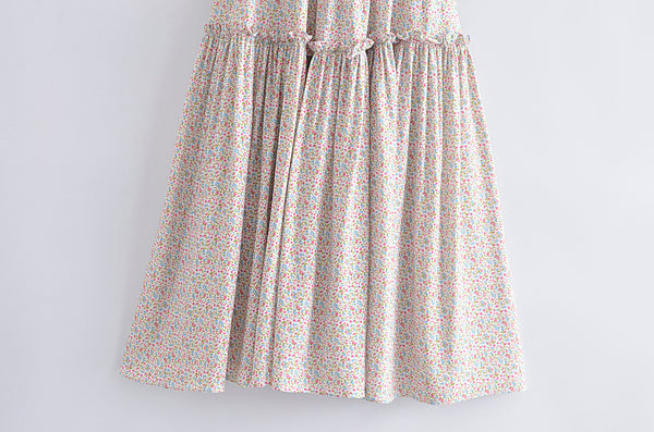 Chic Sweet Women Retro Vintage Ruffle Short Sleeves Round Neck Small Floral Cute Printed Elastic Large Swing Dress