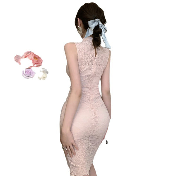 Sexy Elegant Temperament Summer Women Sleeveless Ring Collar Lace Cheongsam Irregular Hem Dress