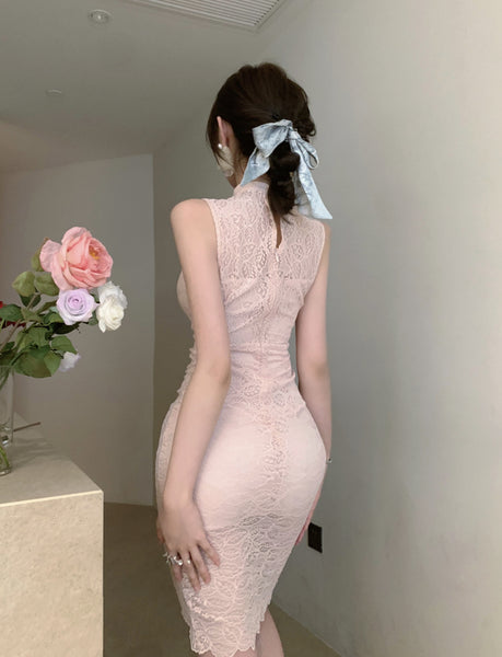 Sexy Elegant Temperament Summer Women Sleeveless Ring Collar Lace Cheongsam Irregular Hem Dress