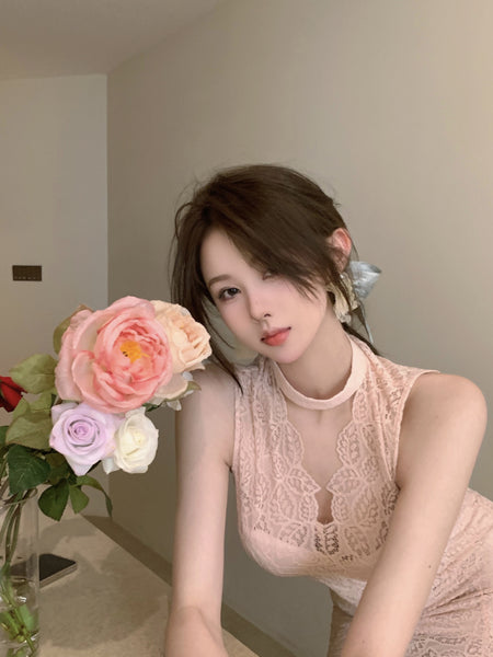 Sexy Elegant Temperament Summer Women Sleeveless Ring Collar Lace Cheongsam Irregular Hem Dress