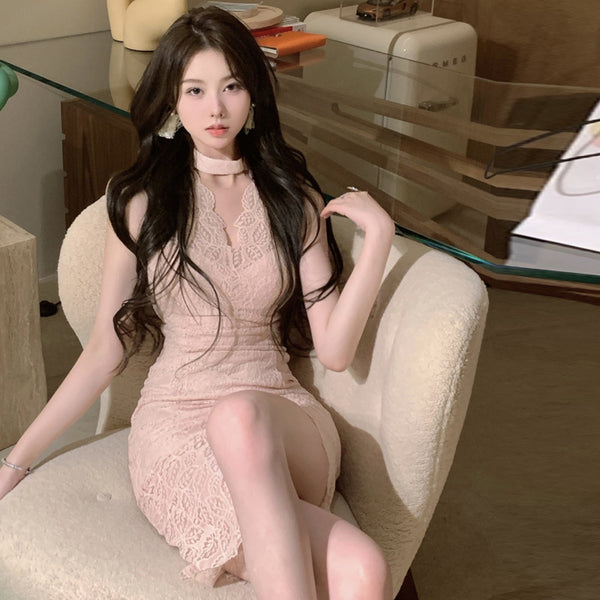 Sexy Elegant Temperament Summer Women Sleeveless Ring Collar Lace Cheongsam Irregular Hem Dress