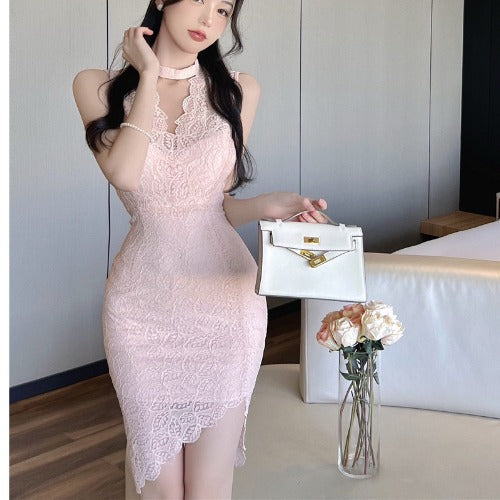 Sexy Elegant Temperament Summer Women Sleeveless Ring Collar Lace Cheongsam Irregular Hem Dress