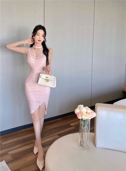 Sexy Elegant Temperament Summer Women Sleeveless Ring Collar Lace Cheongsam Irregular Hem Dress