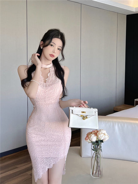 Sexy Elegant Temperament Summer Women Sleeveless Ring Collar Lace Cheongsam Irregular Hem Dress