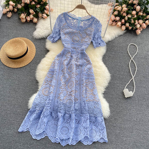 Temperament Luxury Summer Women Hollow Round Neck Floral Lace Short Sleeves Ruffled Dress