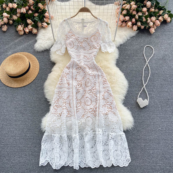 Temperament Luxury Summer Women Hollow Round Neck Floral Lace Short Sleeves Ruffled Dress