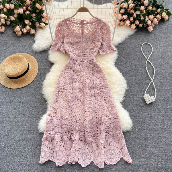 Temperament Luxury Summer Women Hollow Round Neck Floral Lace Short Sleeves Ruffled Dress