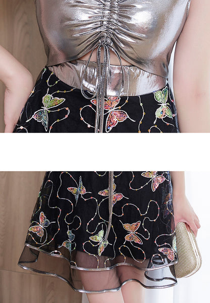 Sexy Temperament Women Deep V Neck Backless High Waist Butterfly Printed Lace Mesh A Line Night Clubbing Dress