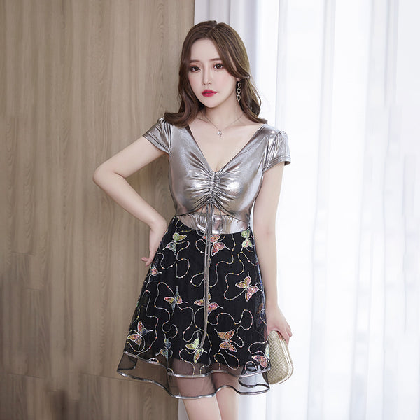 Sexy Temperament Women Deep V Neck Backless High Waist Butterfly Printed Lace Mesh A Line Night Clubbing Dress