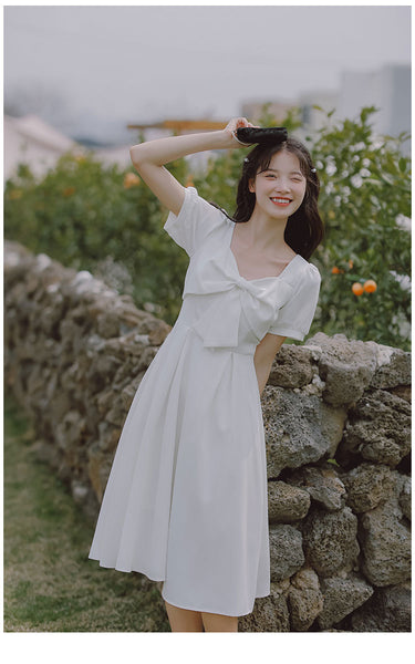 Summer Temperament Retro Square Neck White Bow Puff Short Sleeved High Waist Meeting A Line Dress