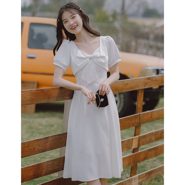Summer Temperament Retro Square Neck White Bow Puff Short Sleeved High Waist Meeting A Line Dress