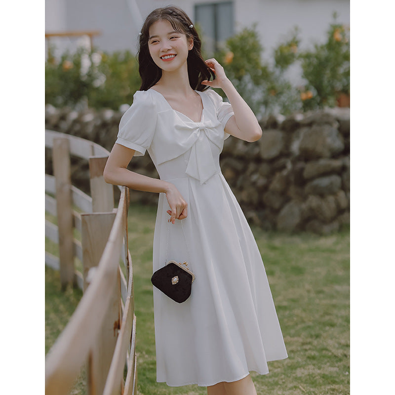 Summer Temperament Retro Square Neck White Bow Puff Short Sleeved High Waist Meeting A Line Dress