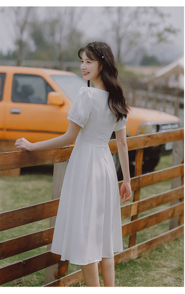 Summer Temperament Retro Square Neck White Bow Puff Short Sleeved High Waist Meeting A Line Dress