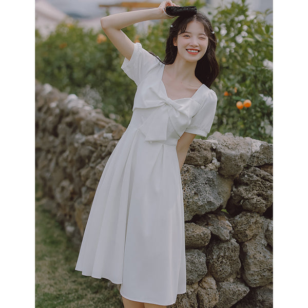 Summer Temperament Retro Square Neck White Bow Puff Short Sleeved High Waist Meeting A Line Dress