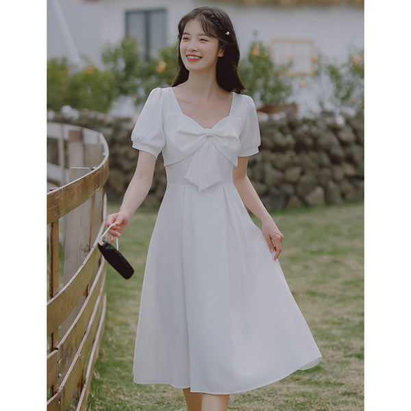 Summer Temperament Retro Square Neck White Bow Puff Short Sleeved High Waist Meeting A Line Dress