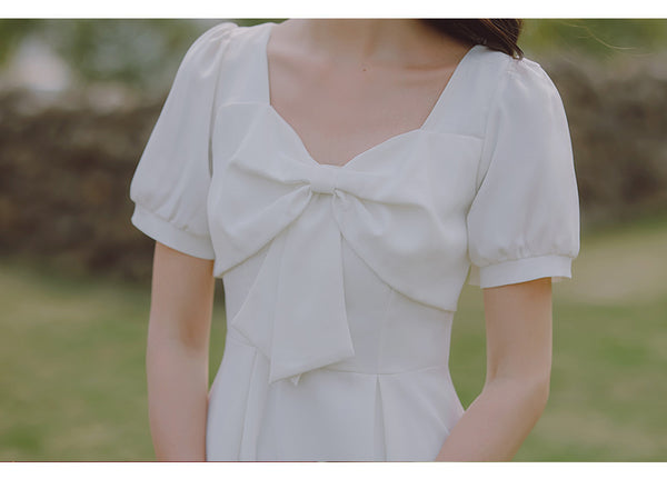 Summer Temperament Retro Square Neck White Bow Puff Short Sleeved High Waist Meeting A Line Dress