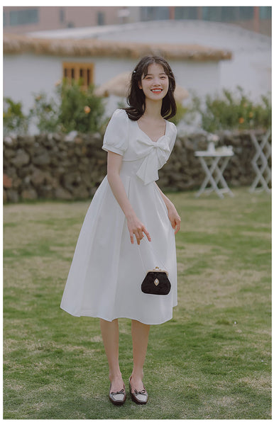 Summer Temperament Retro Square Neck White Bow Puff Short Sleeved High Waist Meeting A Line Dress
