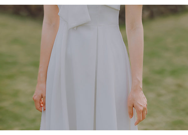 Summer Temperament Retro Square Neck White Bow Puff Short Sleeved High Waist Meeting A Line Dress