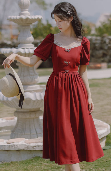 Retro Women Square Neck Bow Waist Puff Short Sleeves Lace Neckline Mid Length Ruffle A Line Dress