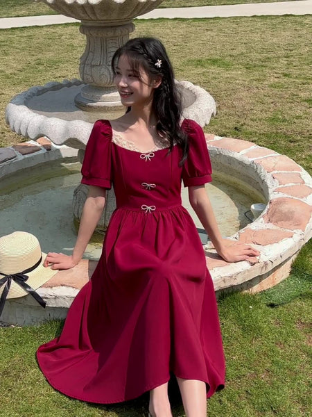 Retro Women Square Neck Bow Waist Puff Short Sleeves Lace Neckline Mid Length Ruffle A Line Dress