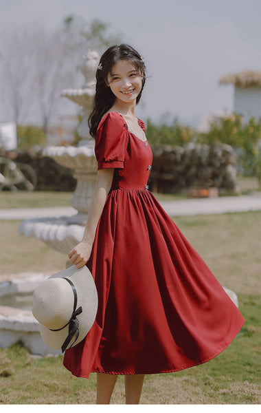 Retro Women Square Neck Bow Waist Puff Short Sleeves Lace Neckline Mid Length Ruffle A Line Dress