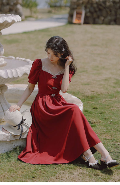 Retro Women Square Neck Bow Waist Puff Short Sleeves Lace Neckline Mid Length Ruffle A Line Dress