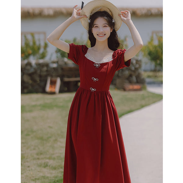 Retro Women Square Neck Bow Waist Puff Short Sleeves Lace Neckline Mid Length Ruffle A Line Dress