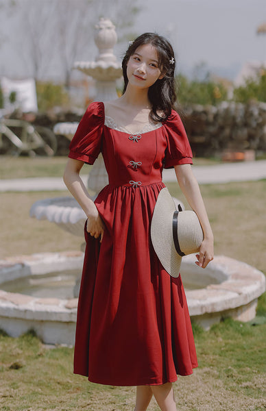 Retro Women Square Neck Bow Waist Puff Short Sleeves Lace Neckline Mid Length Ruffle A Line Dress