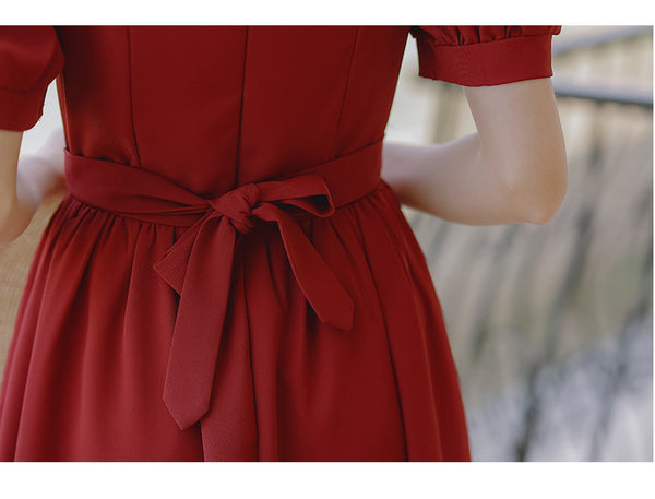 Retro Women Square Neck Bow Waist Puff Short Sleeves Lace Neckline Mid Length Ruffle A Line Dress