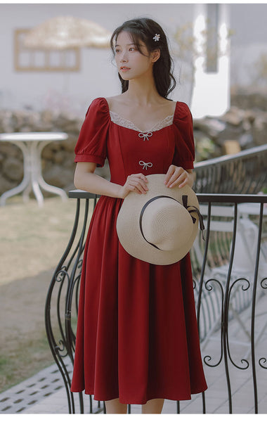 Retro Women Square Neck Bow Waist Puff Short Sleeves Lace Neckline Mid Length Ruffle A Line Dress