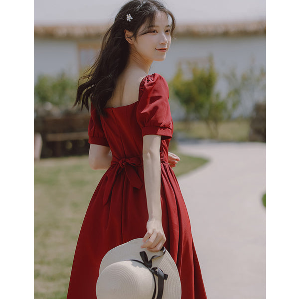 Retro Women Square Neck Bow Waist Puff Short Sleeves Lace Neckline Mid Length Ruffle A Line Dress