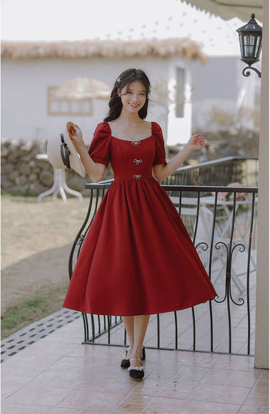 Retro Women Square Neck Bow Waist Puff Short Sleeves Lace Neckline Mid Length Ruffle A Line Dress