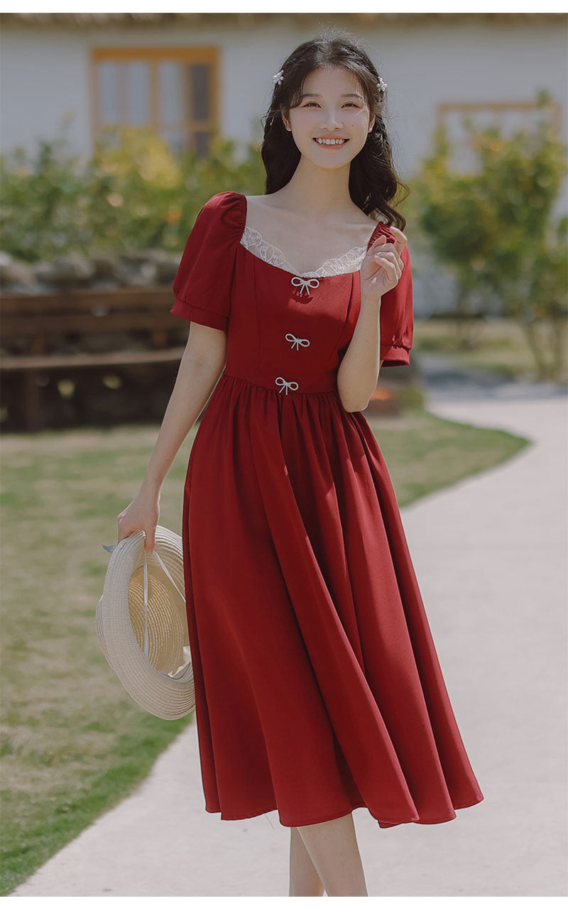 Retro Women Square Neck Bow Waist Puff Short Sleeves Lace Neckline Mid Length Ruffle A Line Dress