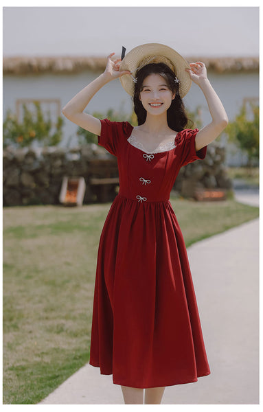 Retro Women Square Neck Bow Waist Puff Short Sleeves Lace Neckline Mid Length Ruffle A Line Dress