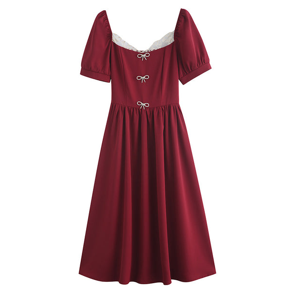 Retro Women Square Neck Bow Waist Puff Short Sleeves Lace Neckline Mid Length Ruffle A Line Dress