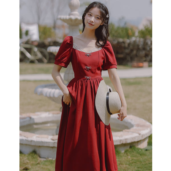 Retro Women Square Neck Bow Waist Puff Short Sleeves Lace Neckline Mid Length Ruffle A Line Dress