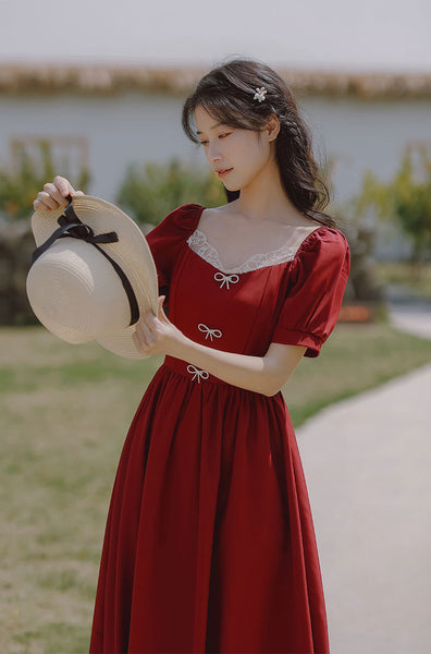 Retro Women Square Neck Bow Waist Puff Short Sleeves Lace Neckline Mid Length Ruffle A Line Dress