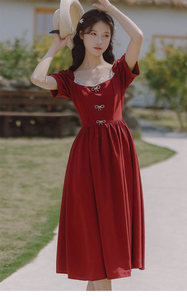 Retro Women Square Neck Bow Waist Puff Short Sleeves Lace Neckline Mid Length Ruffle A Line Dress